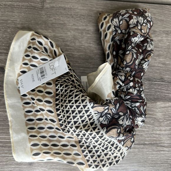 Women's Loft Silk Scarf NWT 42” Square Tan Black Cream Huge Geometric Floral - Picture 1 of 6